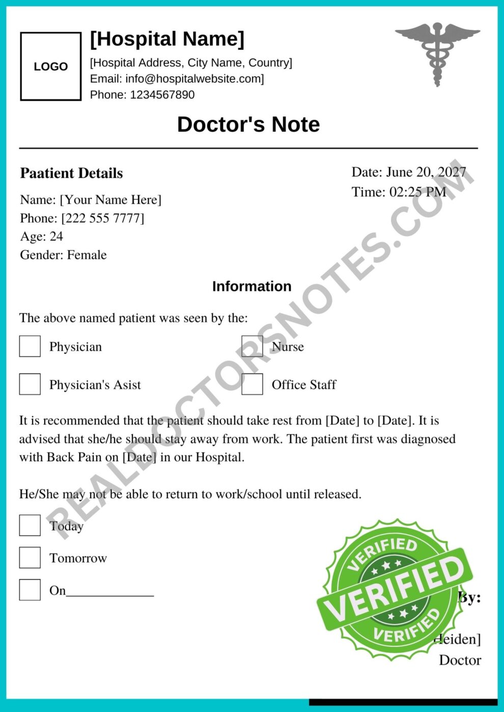 Doctors Note for back Pain Template Sample