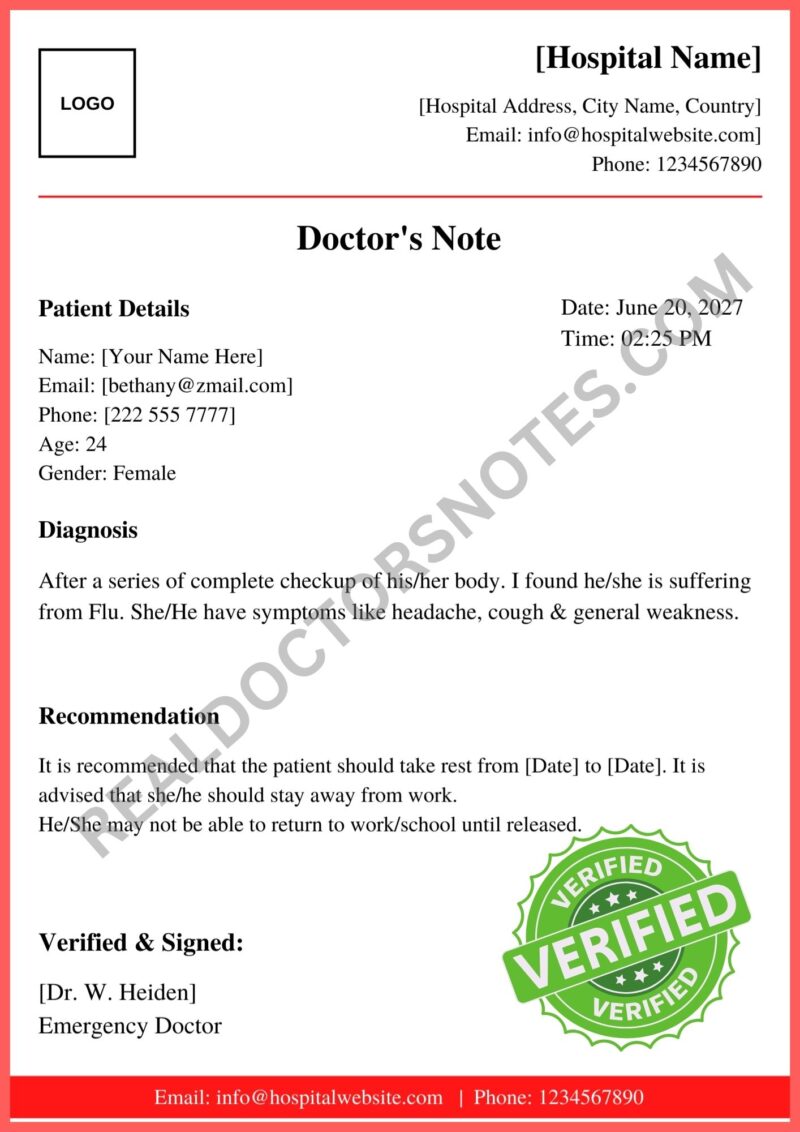 Blank doctors note for flu