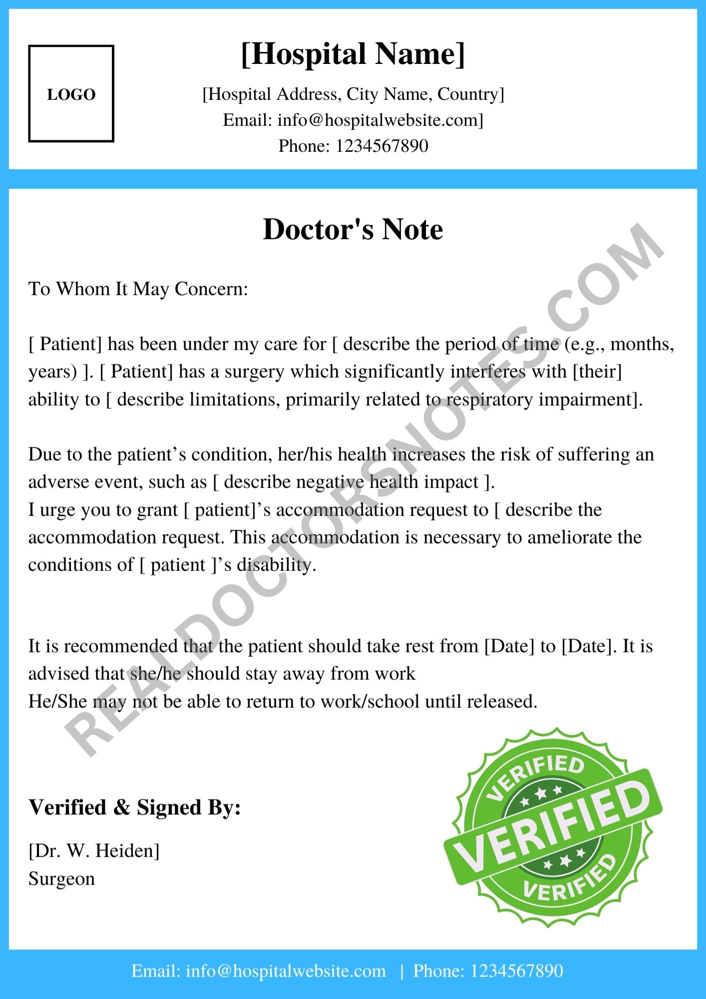 Doctors Note For Surgery Template