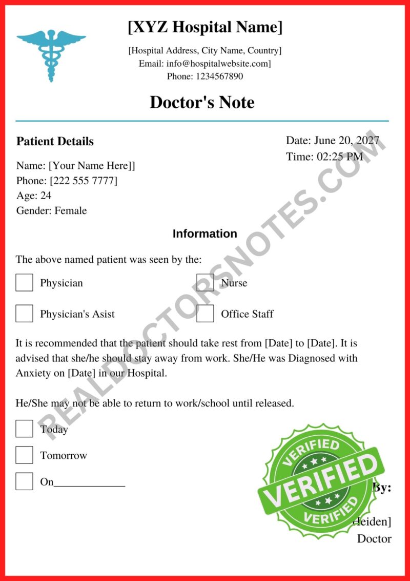 Doctors Note for Anxiety