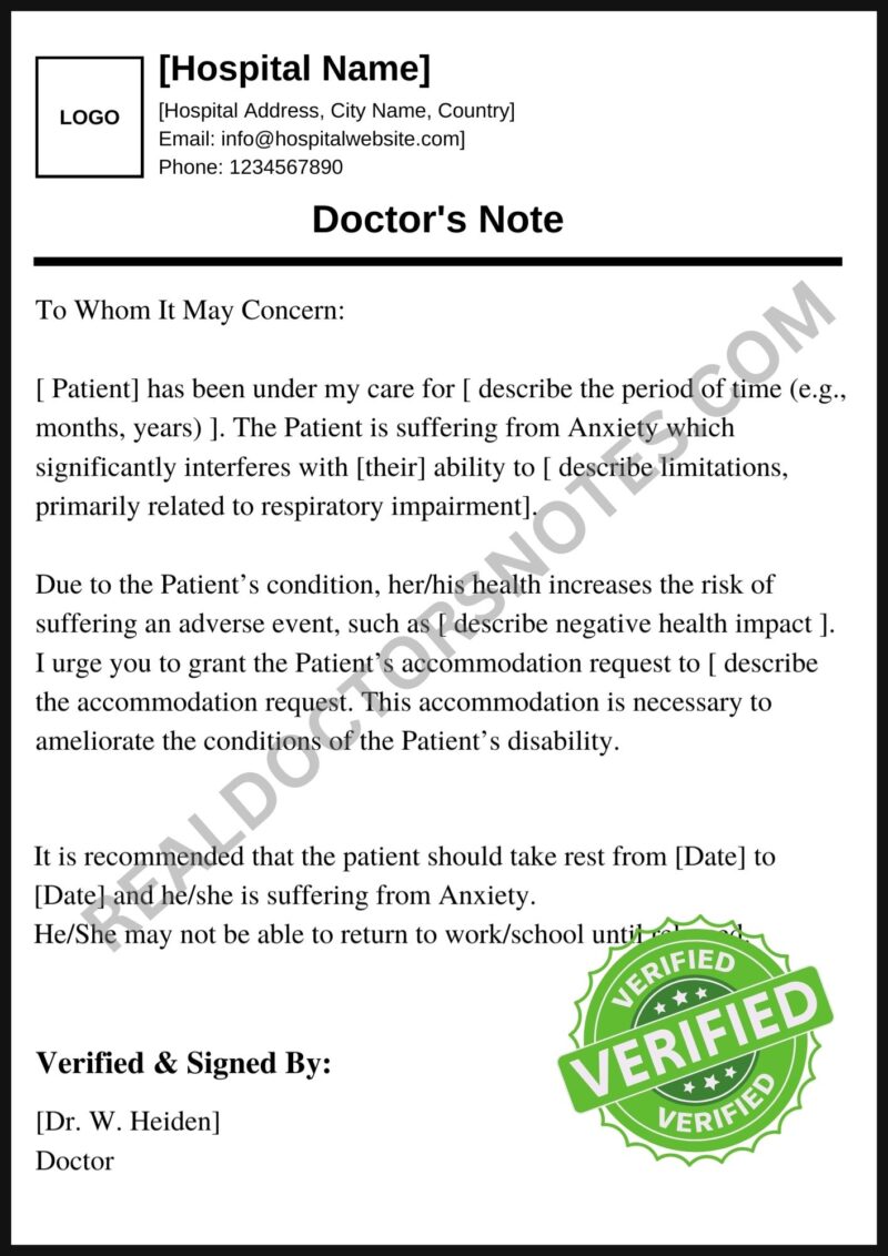 Doctors Note for Anxiety Blank