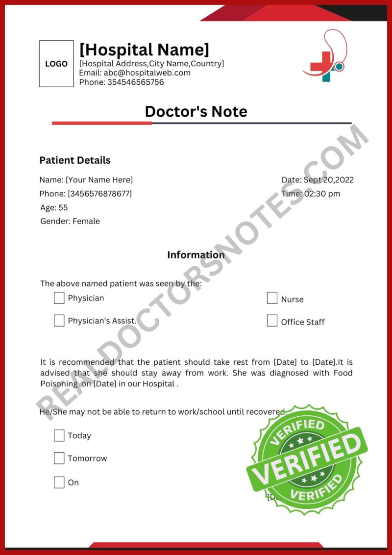 Doctors Note for Food Poisoning Blank