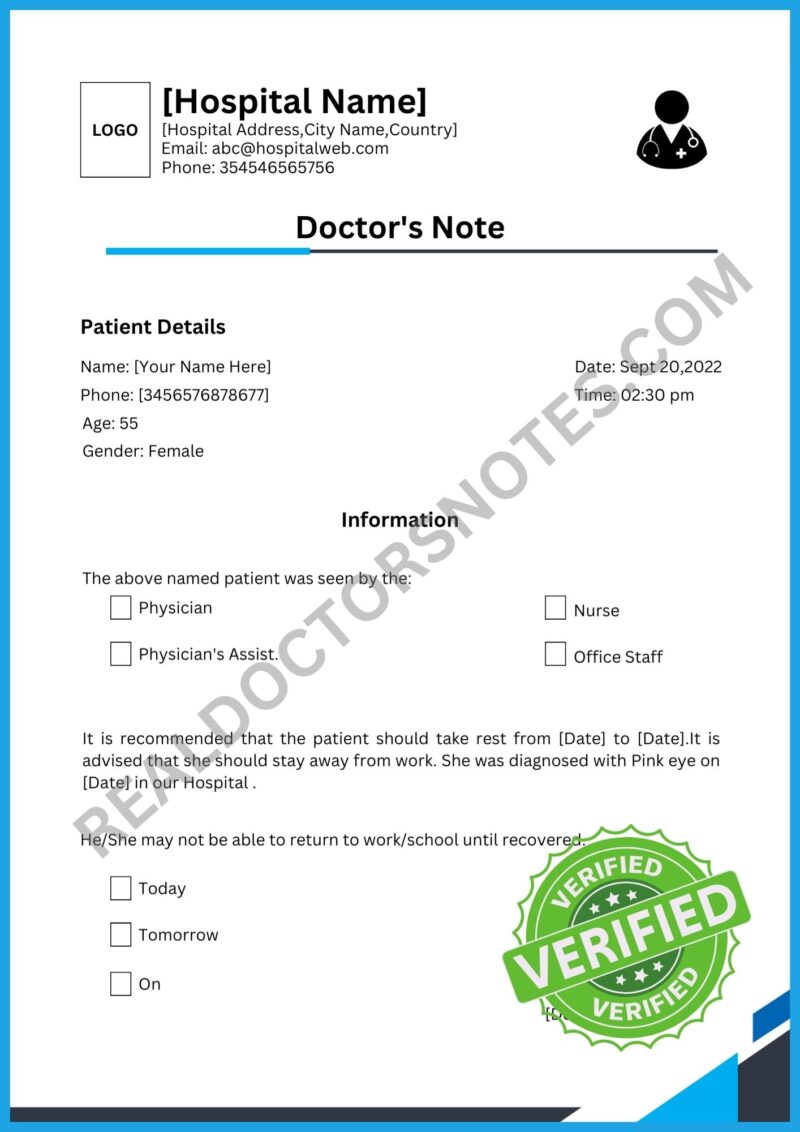 Doctors Note for Pink Eye