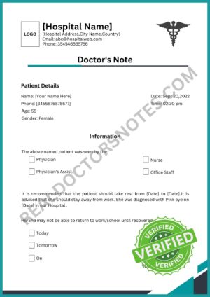 Doctors Note for Pink Eye Blank