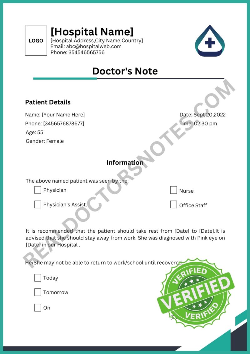 Doctors Note for Pink Eye Signed