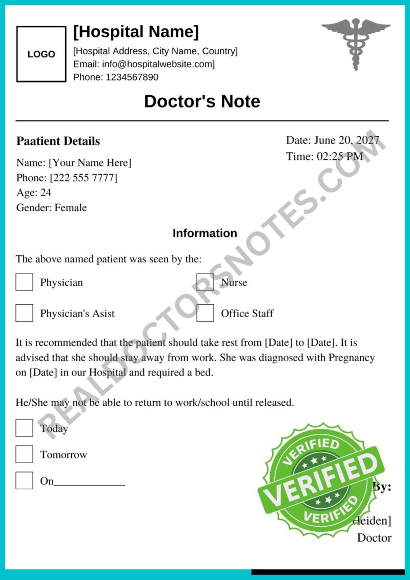 Doctors Note for Pregnancy Bed Rest Blank