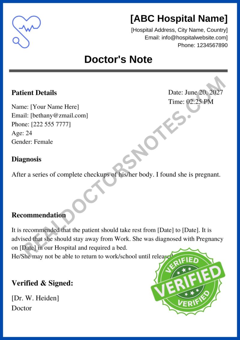 Doctors Note for Pregnancy Bed Rest PDF