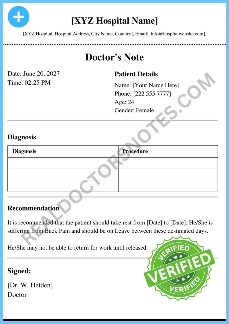 Doctors Note for back Pain Blank