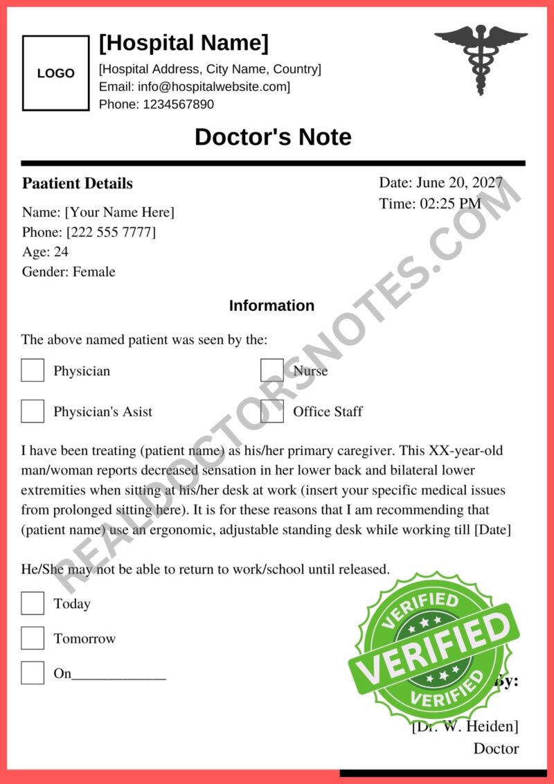 Doctors Note for standing desk Word