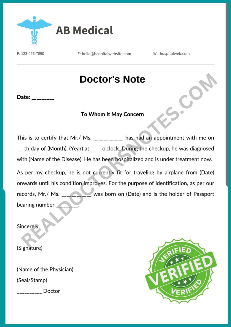 Printable Doctor Note for Airline