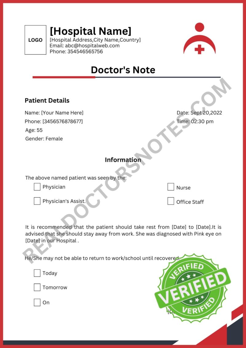 Printable Doctors Note for Pink Eye