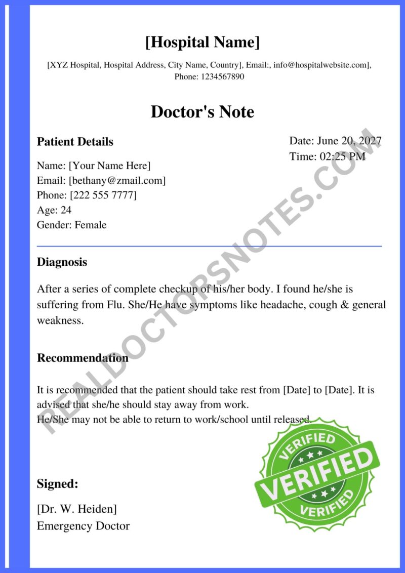 doctors note for flu Word