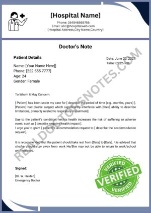 Doctors Note for Plastic Surgery Word