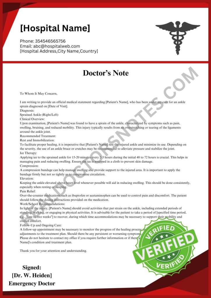 Doctors Note for Sprained Ankle Template