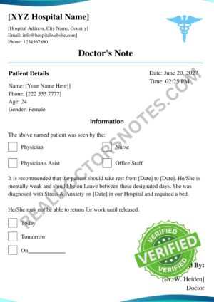 Printable Doctors Note for Stress and Anxiety