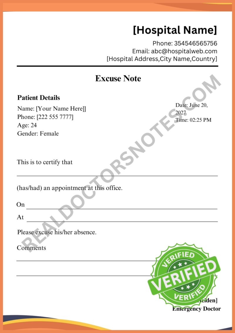 Printable Dentist Appointment Excuse Note for School