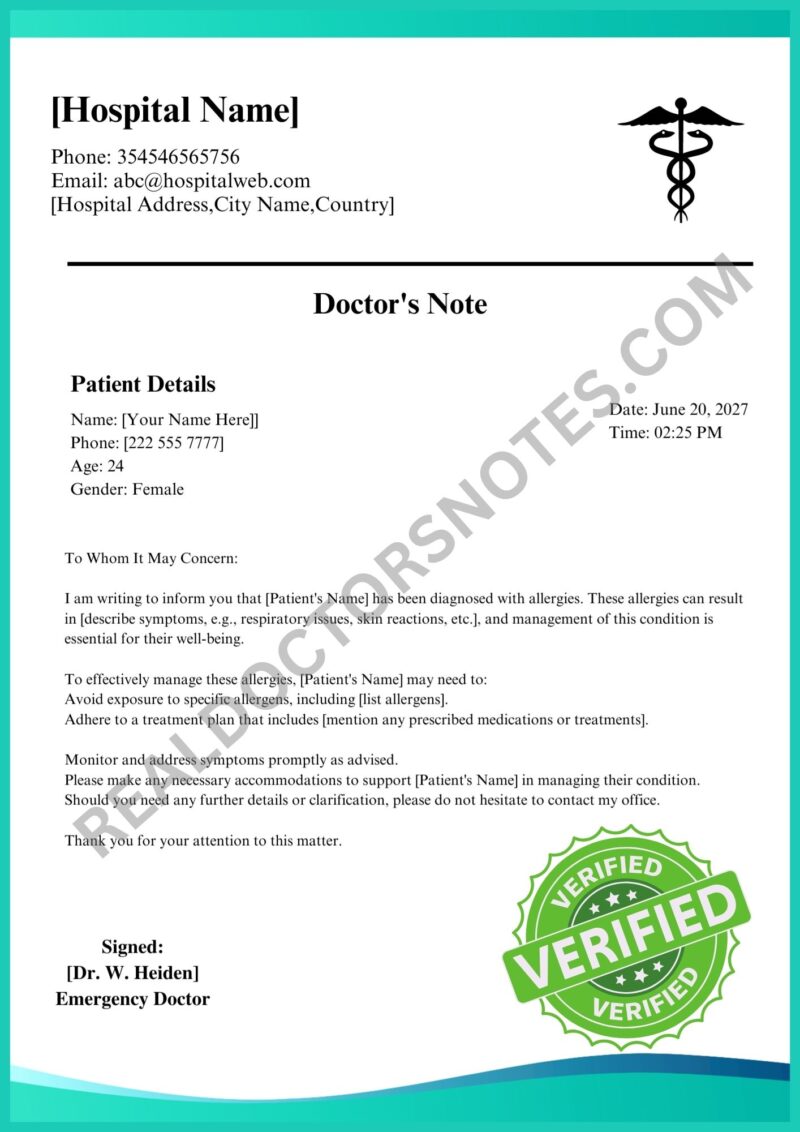 Printable Doctors Note for Allergies