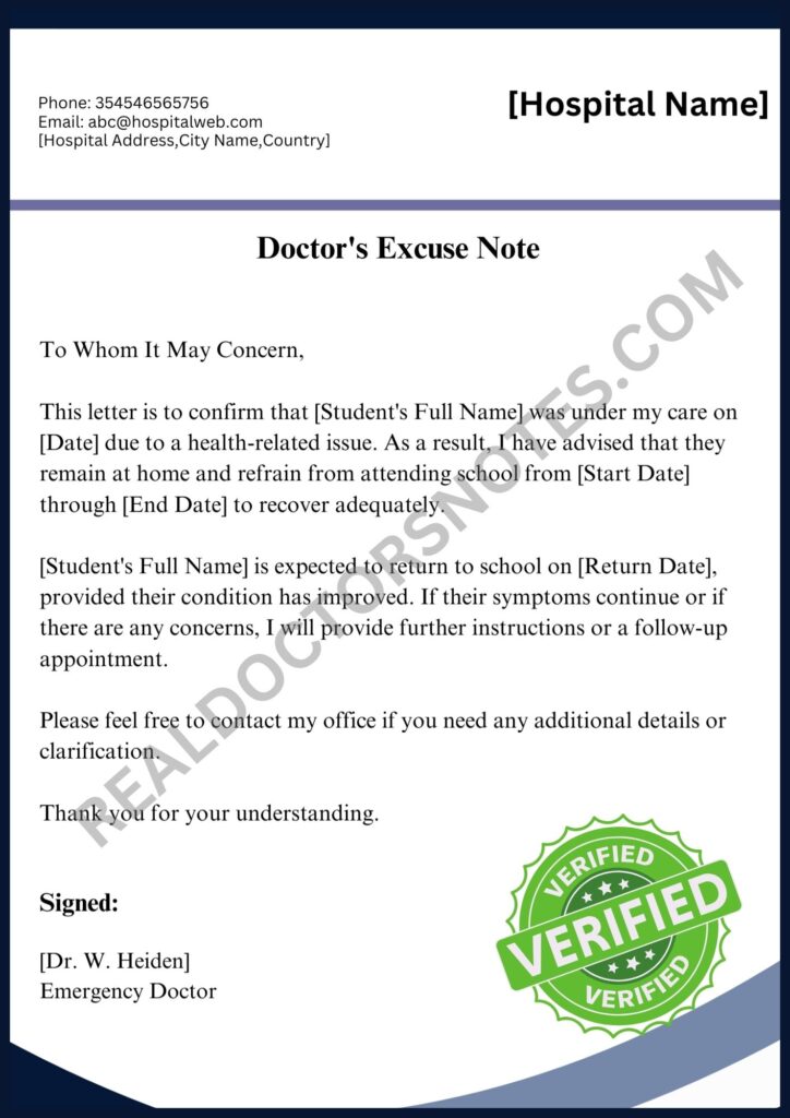 School Excuse Note from Doctor Template Sample
