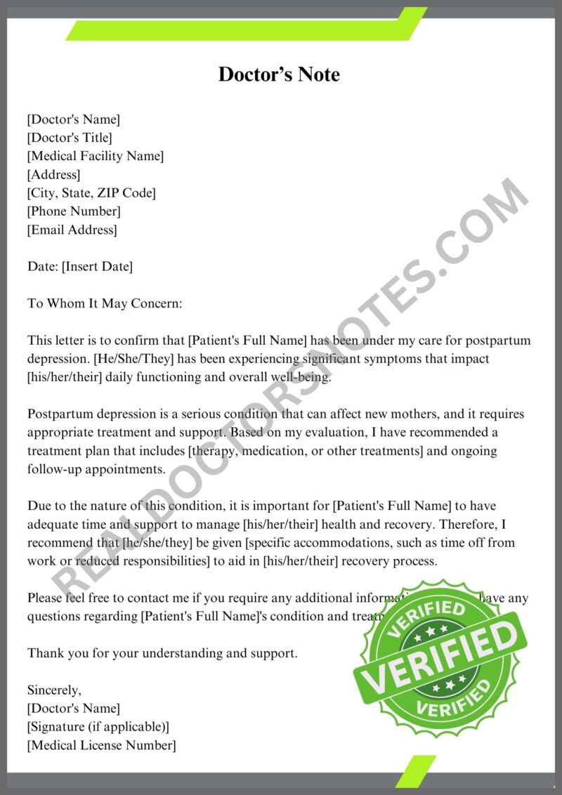 Doctors Note for Postpartum Depression Signed