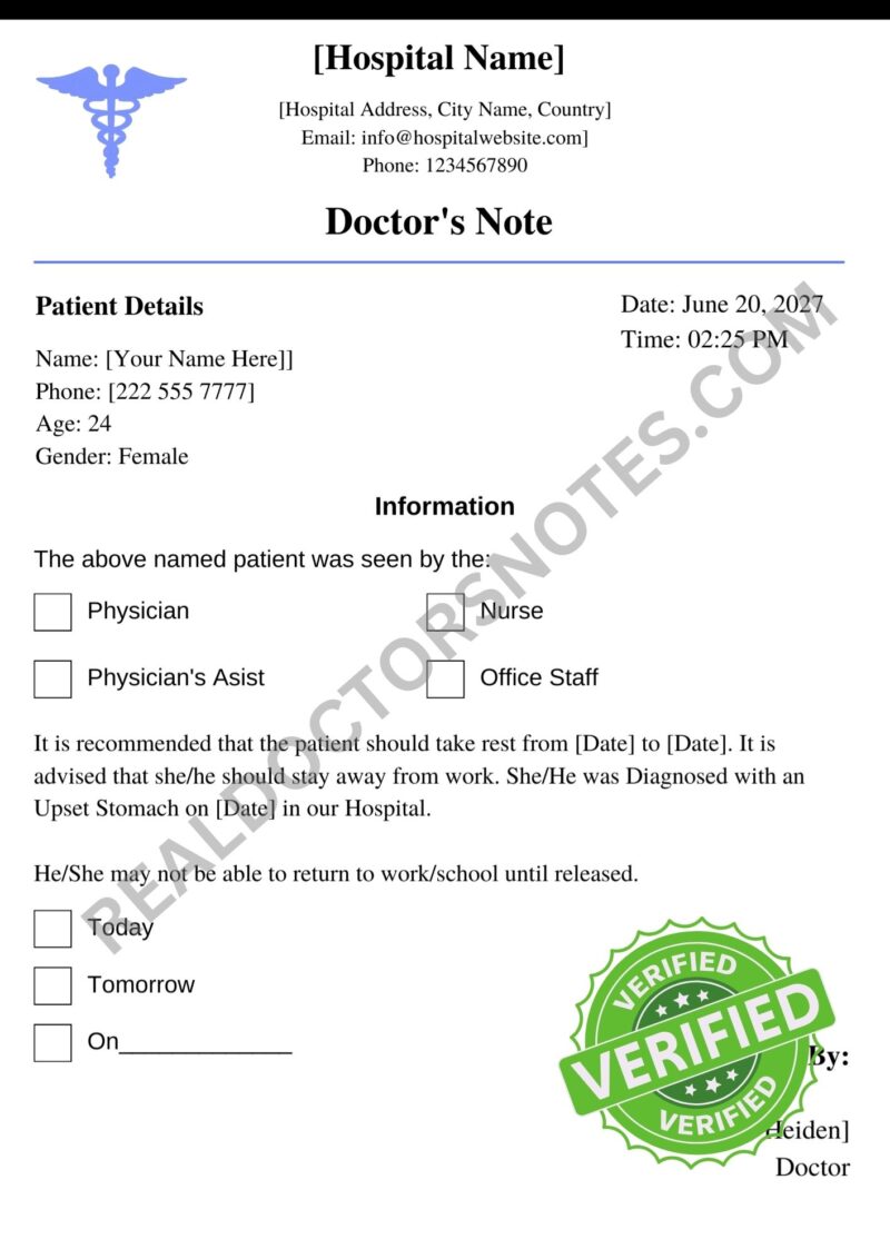 Doctors Note for Upset Stomach