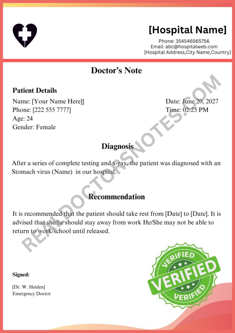 Doctors Note stomach virus Sample