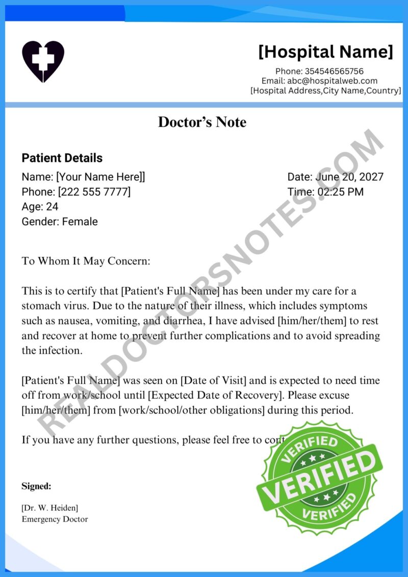 Doctors Note stomach virus template