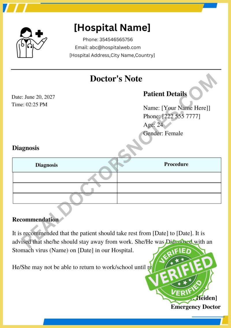 Printable Doctors Note stomach virus