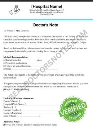 Signed Doctors Note for tonsillitis