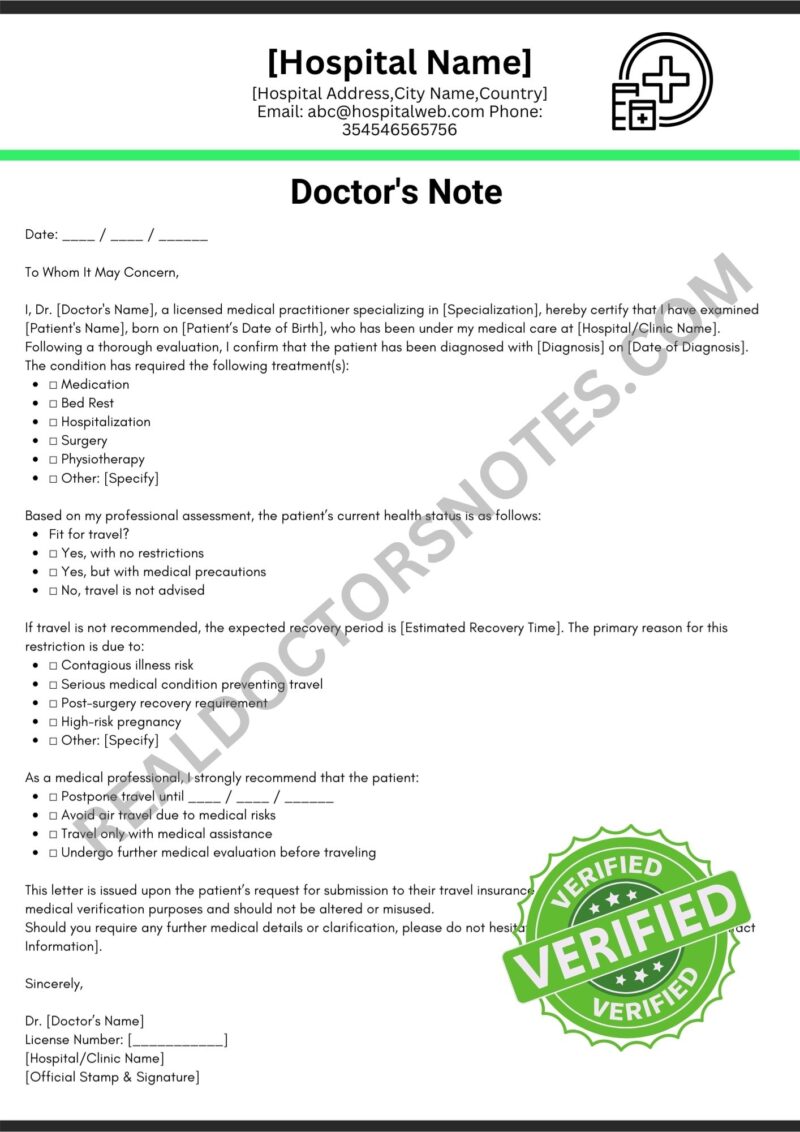 Signed Doctors Note for travel insurance