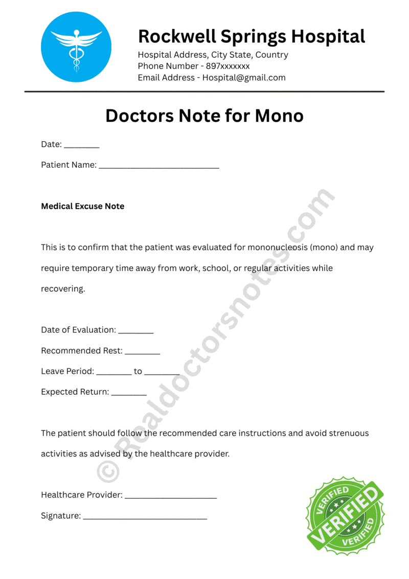 Doctors Note for Mono Doctors Note for Mono