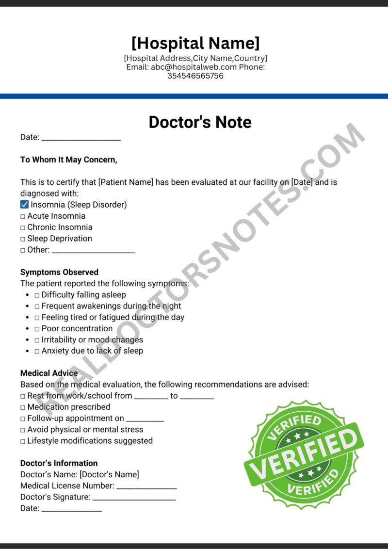 Printable Doctors Note for Insomnia
