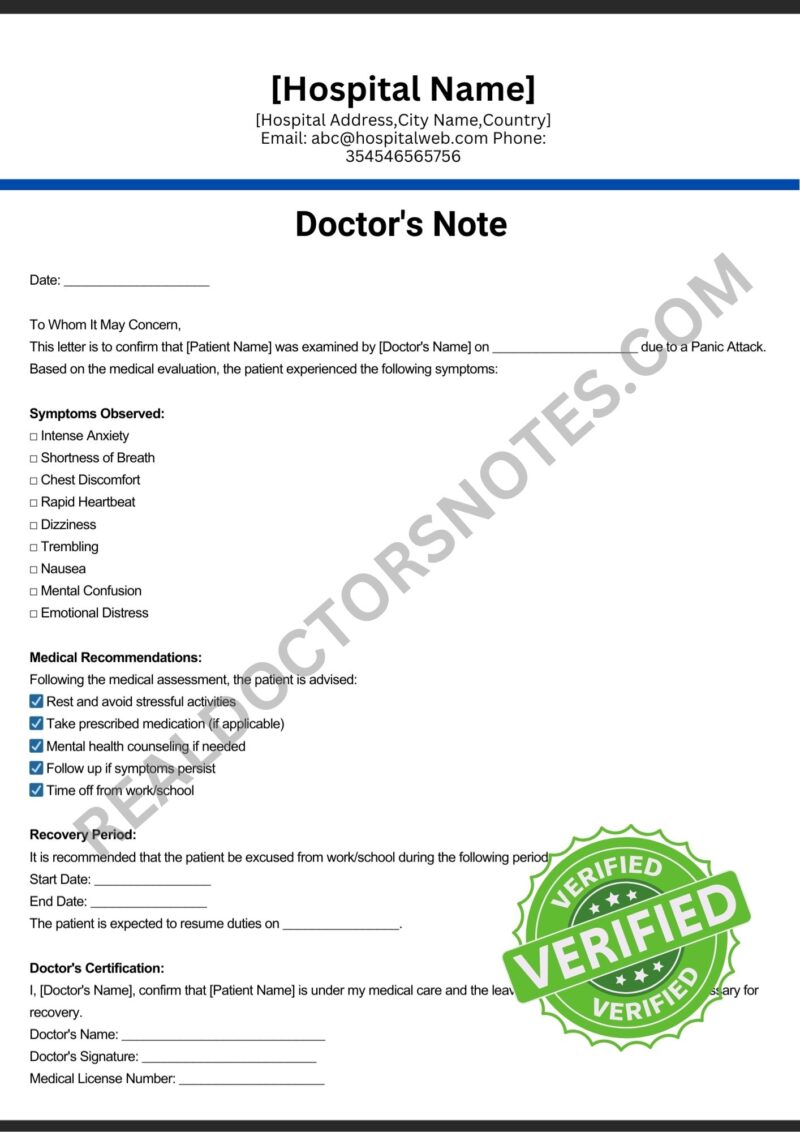Printable Doctors Note for Panic Attacks
