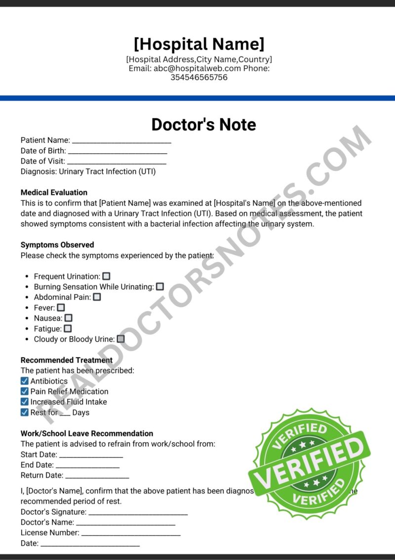 Printable Doctors Note for UTI