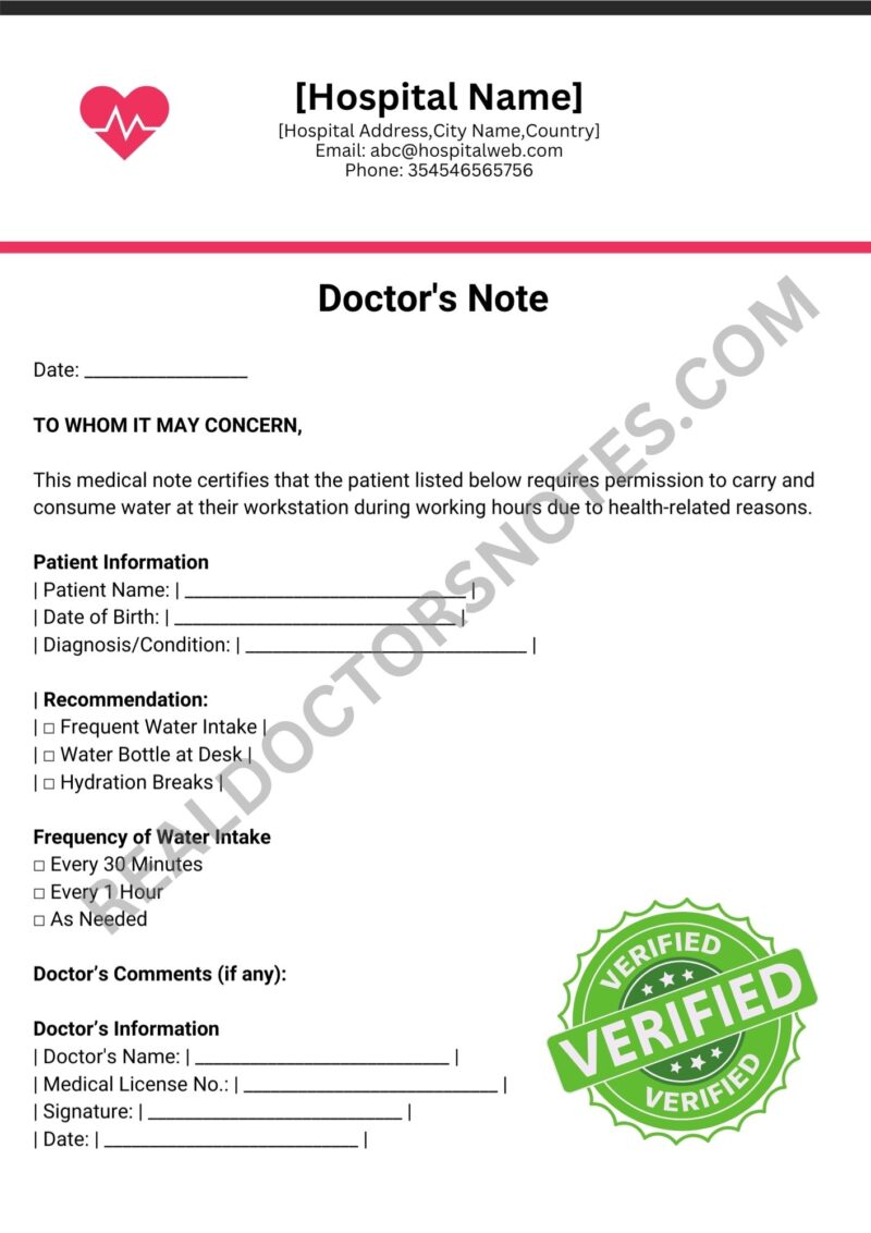 Printable Doctors Note for Water at Work