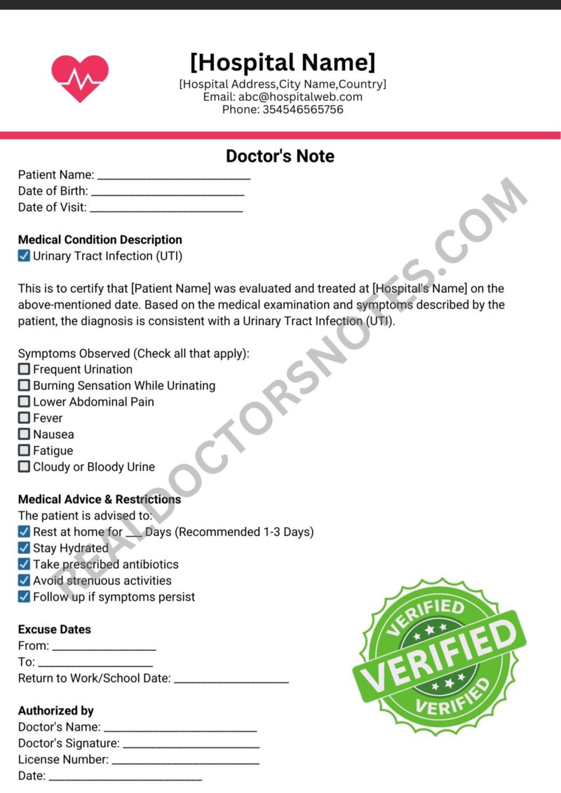 Sample Doctors Note for UTI