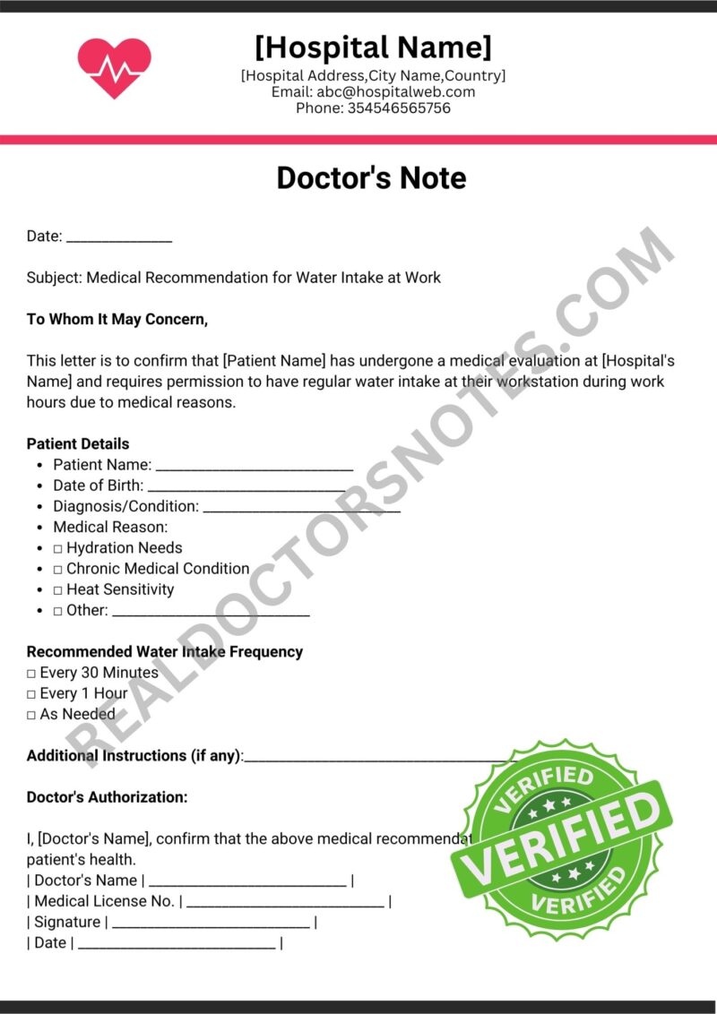 Sample Doctors Note for Water at Work