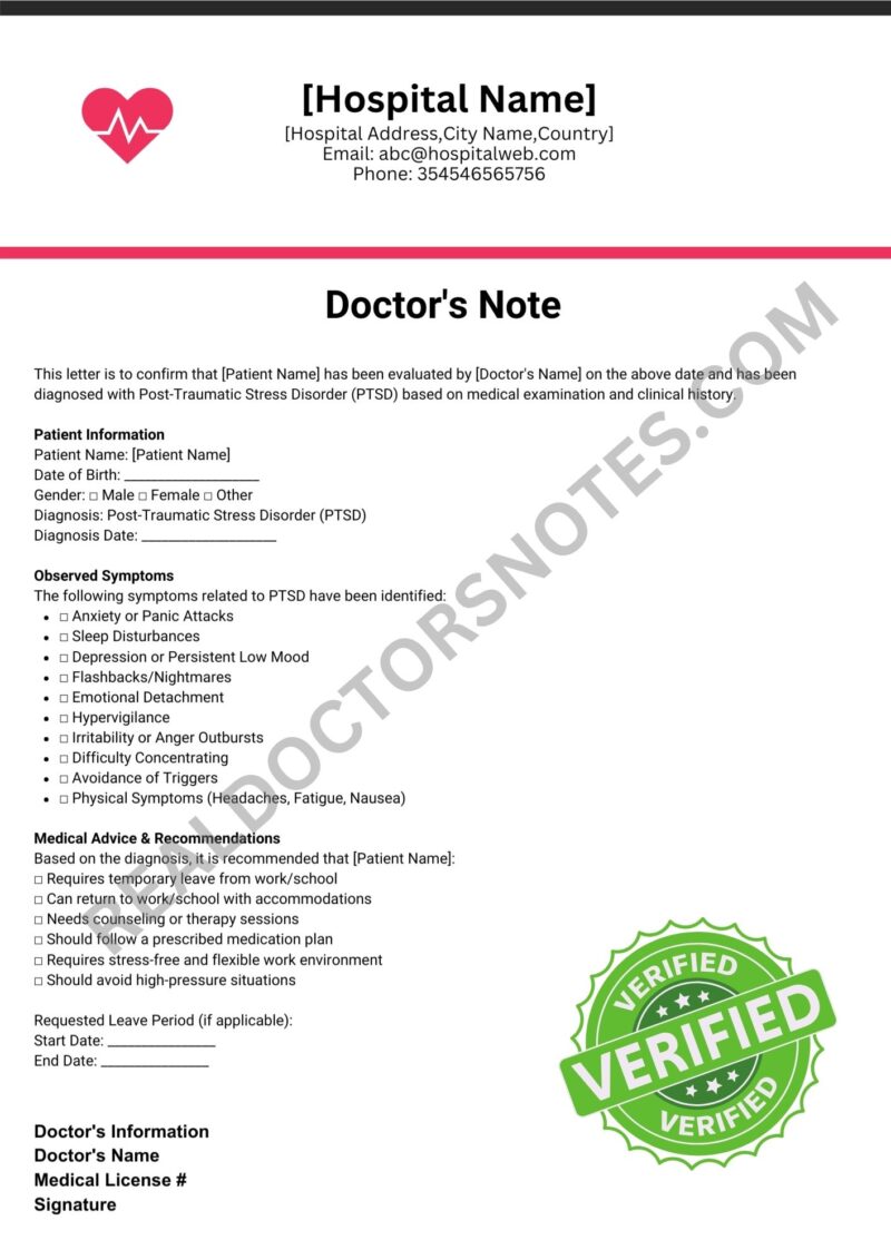 Signed Doctors Note for PTSD