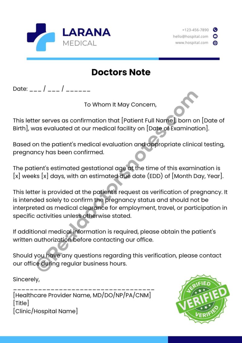 proof of pregnancy form