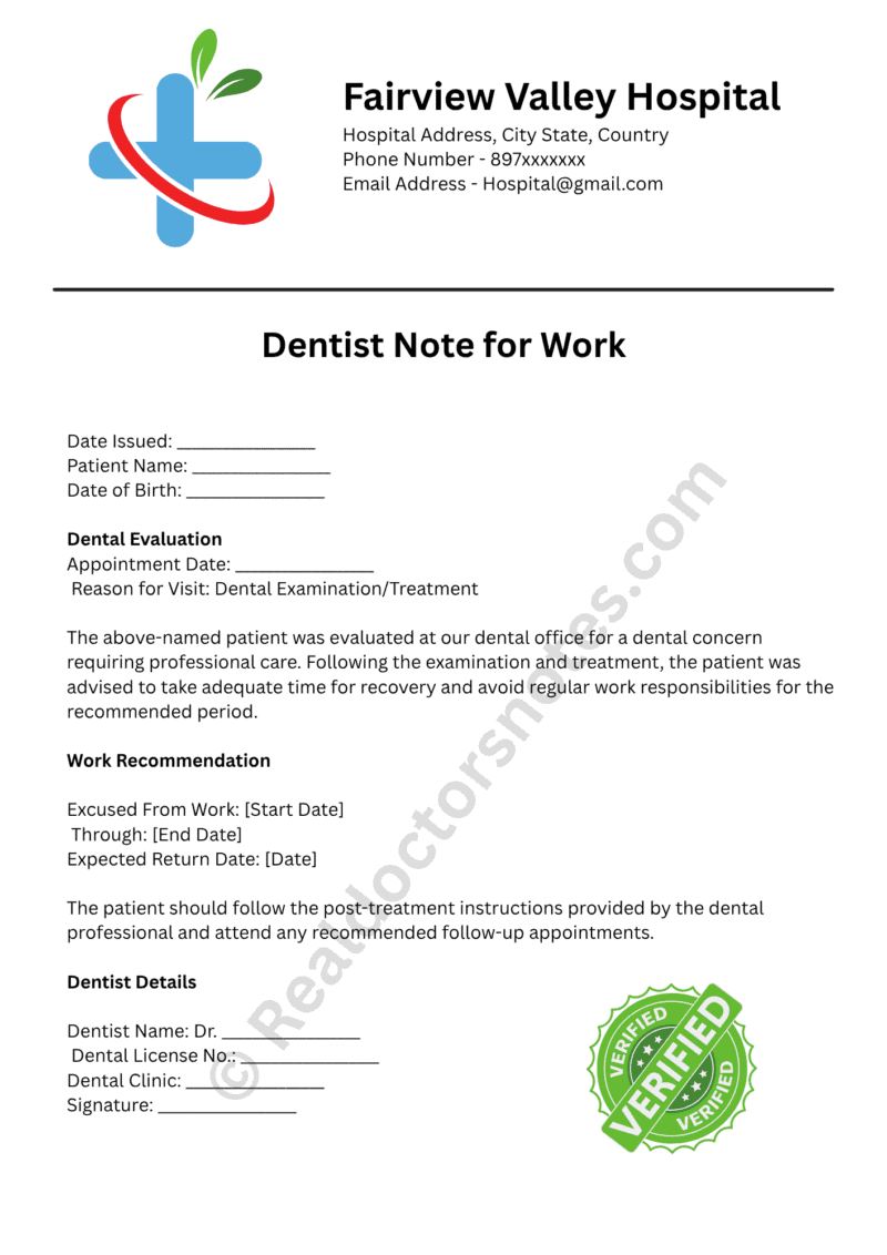 Dentist Note for Work Dentist Note for Work