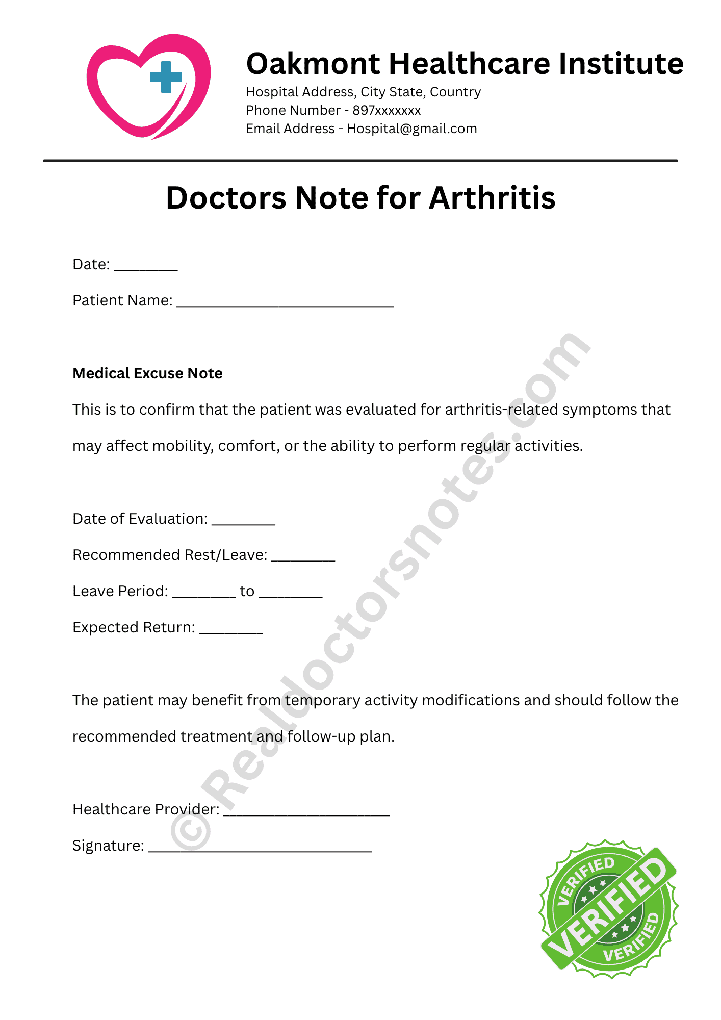 Doctors Note for Arthritis