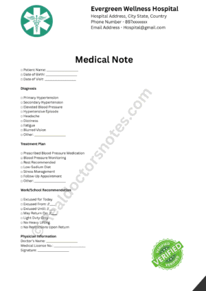 Doctor's Note for Blood Pressure Treatment