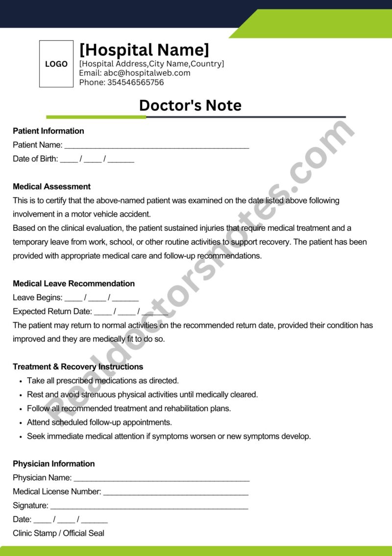 Doctors Note for Car Accident Doctors Note for Car Accident
