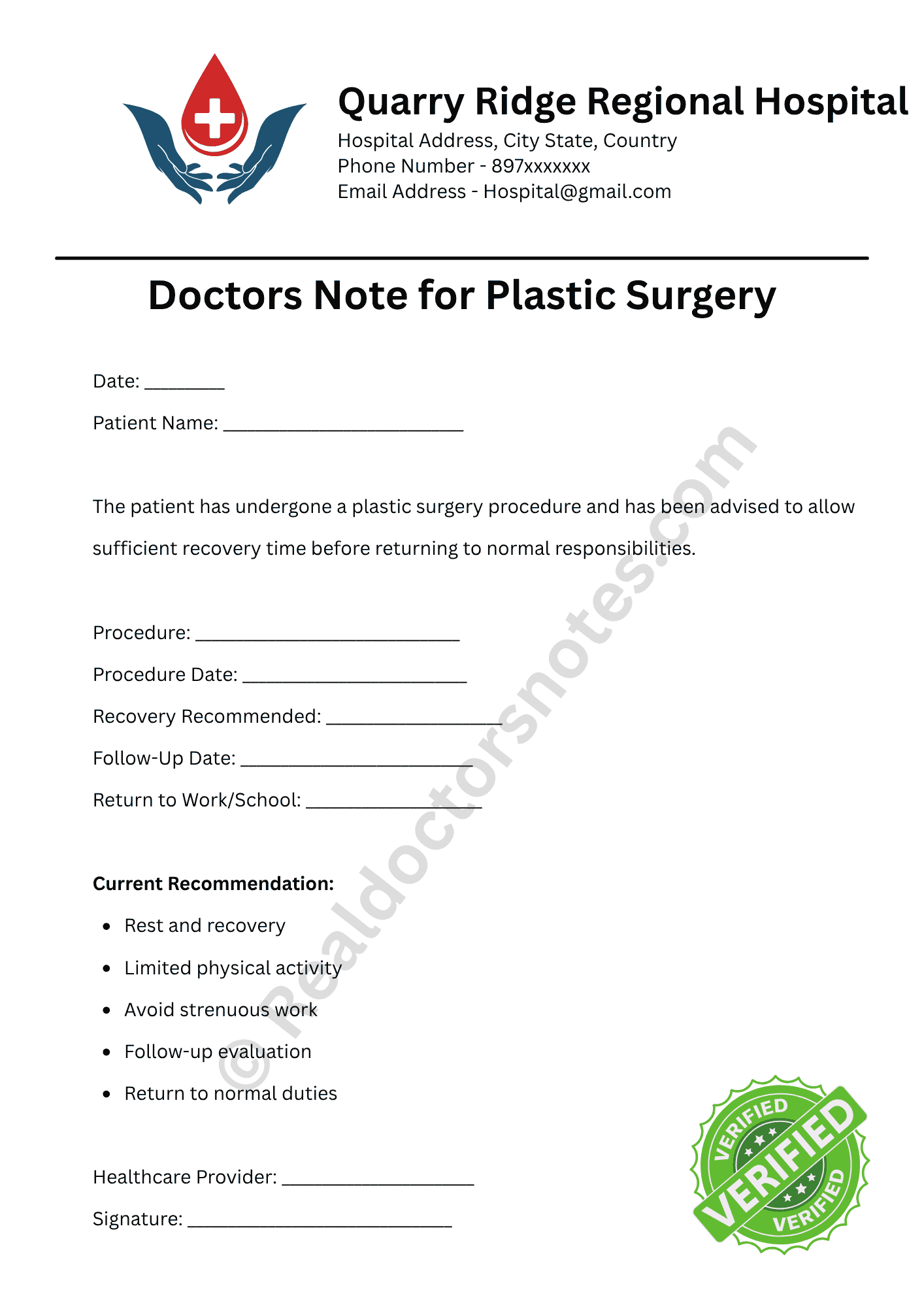 Doctors Note for Plastic Surgery