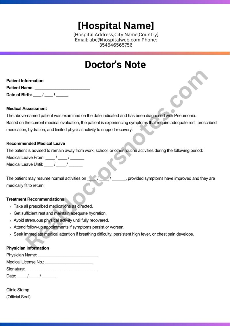 Doctors Note for Pneumonia Doctors Note for Pneumonia