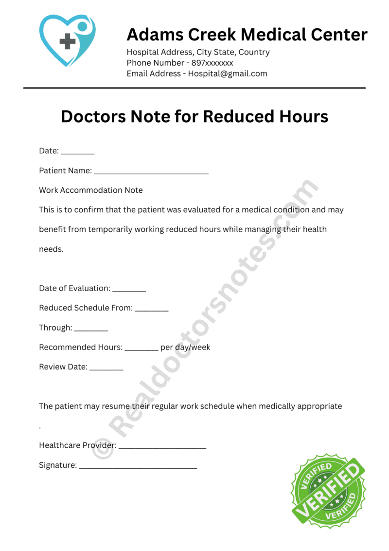 Doctors Note for Reduced Hours Doctors Note for Reduced Hours