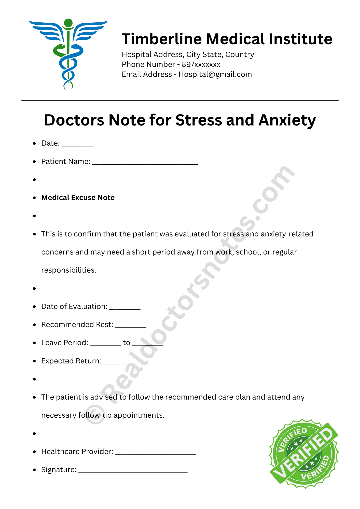 Doctors Note for Stress and Anxiety