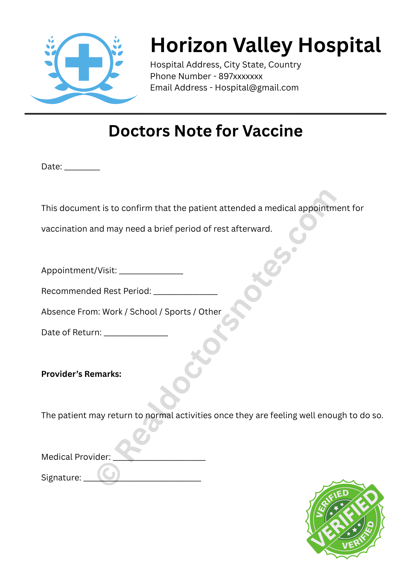 Doctors Note for Vaccine