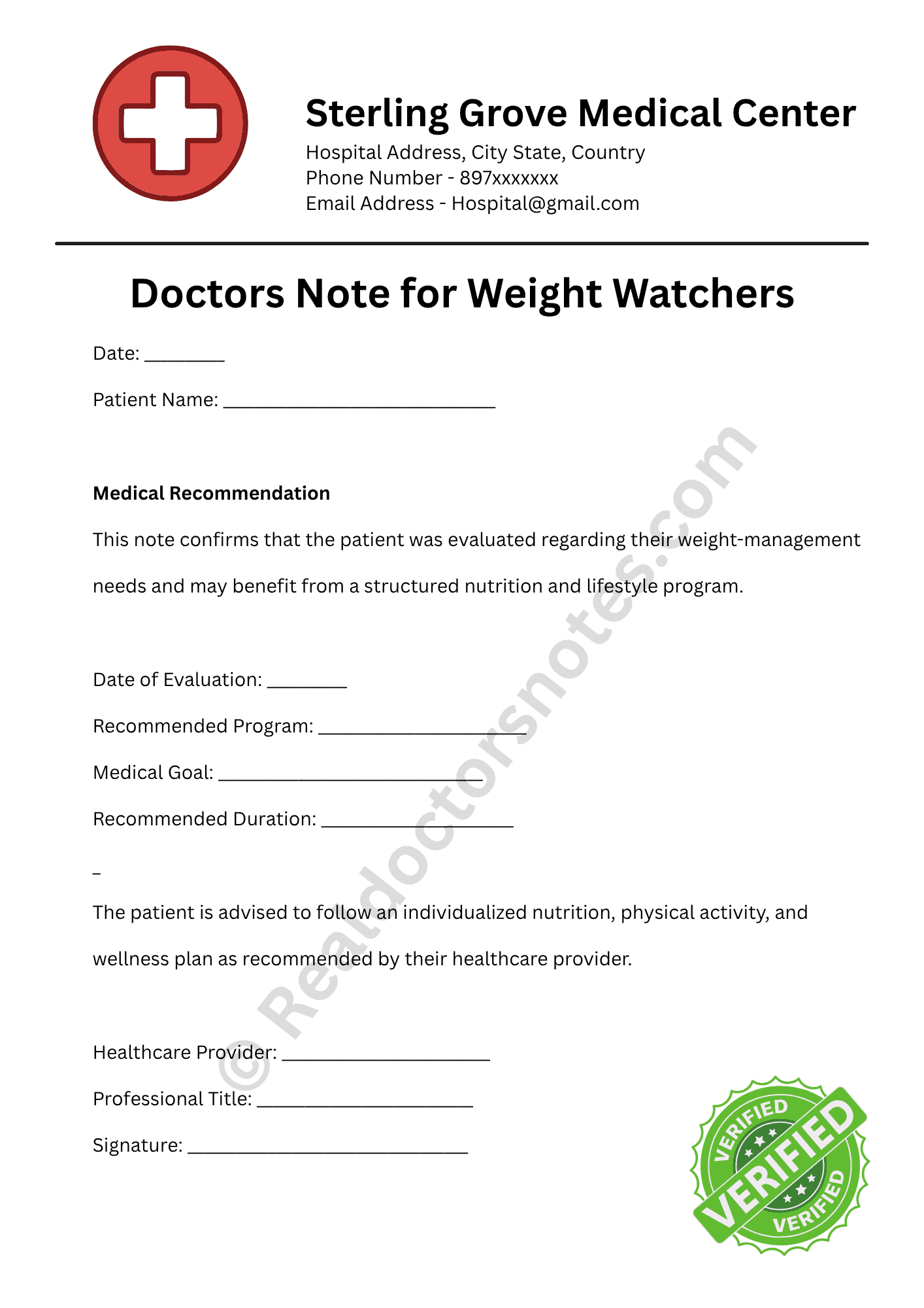 Doctors Note for Weight Watchers