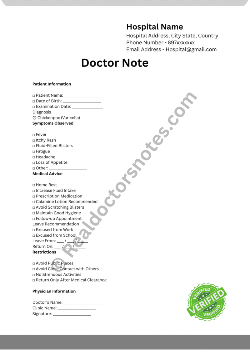 Medical Excuse Note for Chickenpox