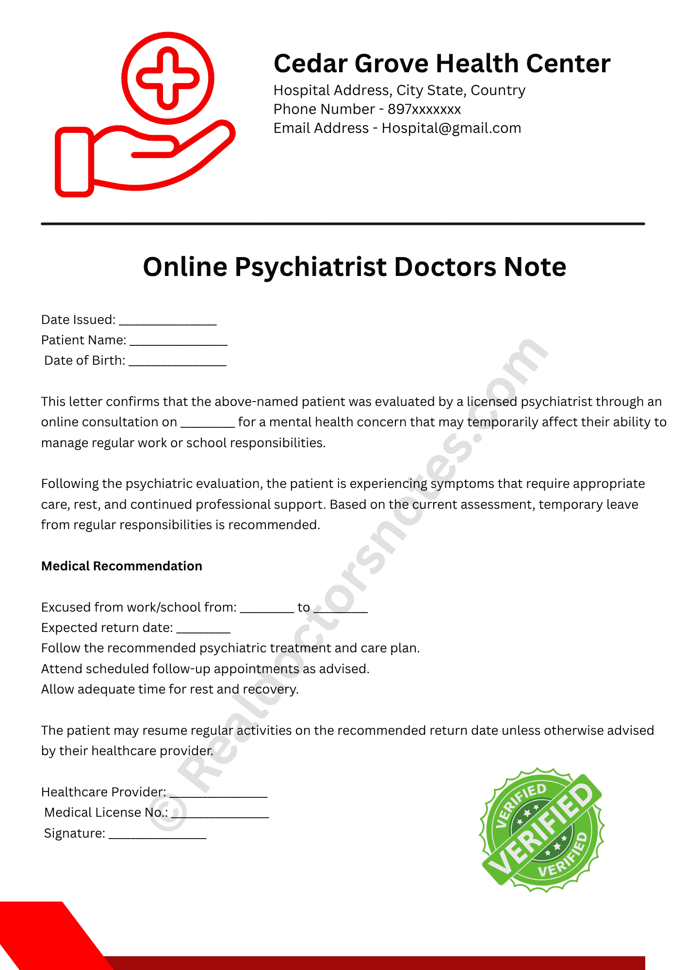 Online Psychiatrist Doctors Note